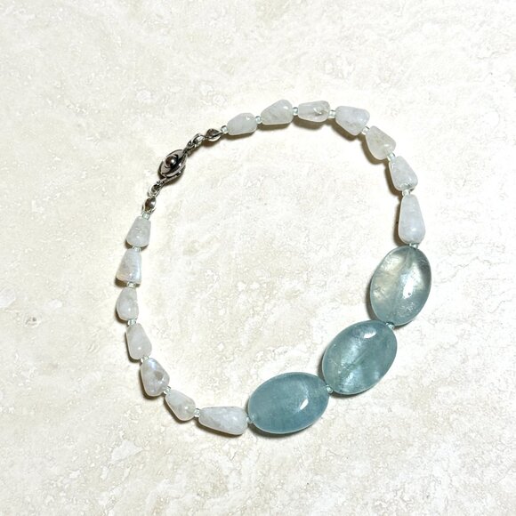 Genuine Blue Aquamarine & Rainbow Moonstone Bracelet, Beaded Gemstone Bracelet - Picture 2 of 10